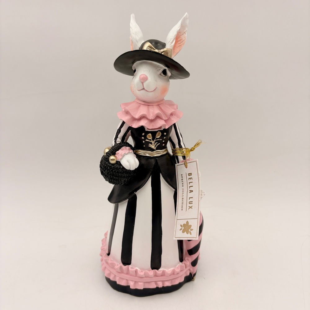 Bella Lux Spring Collection Victorian Rabbit Figurine Black‎ Pink Striped Dress